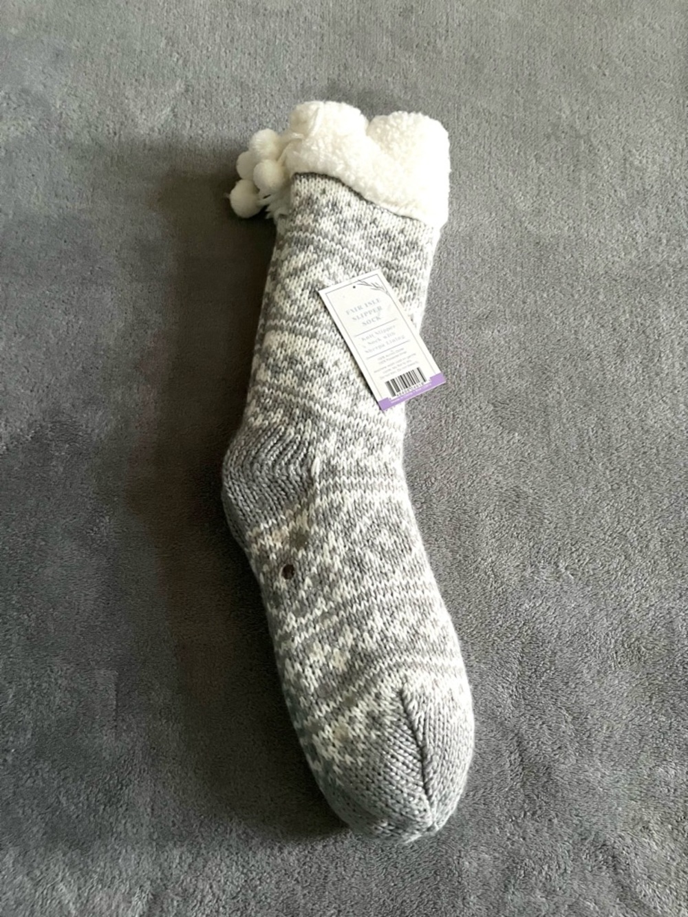 Fair Isle Knit Sherpa Lined Slippers Socks With Grippers